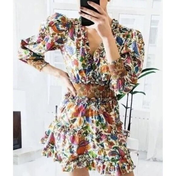 House of Harlow 1960 Nicole Richie Boho Paisley Mini Dress Medium Colorful Puff - Picture 1 of 16